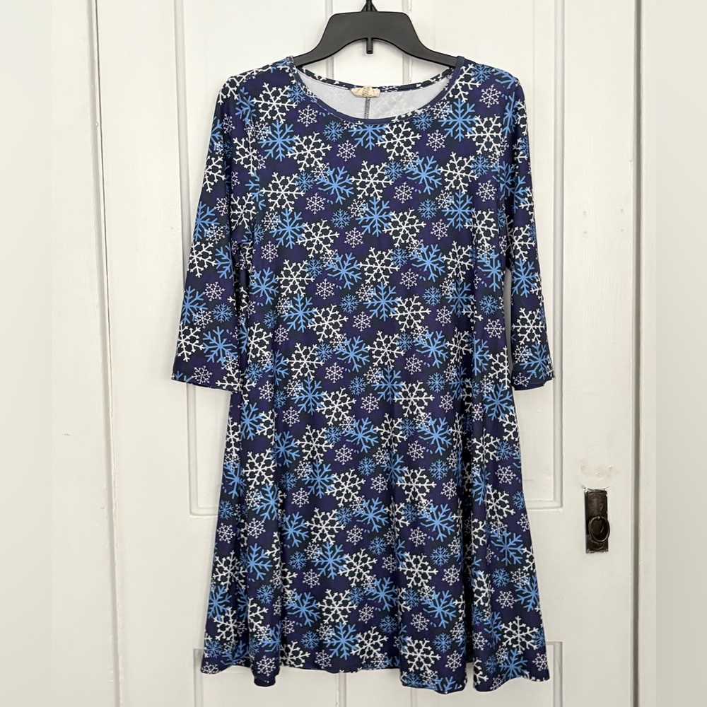 Yelete Blue & White Snowflake and Black Holiday Swing Dresses